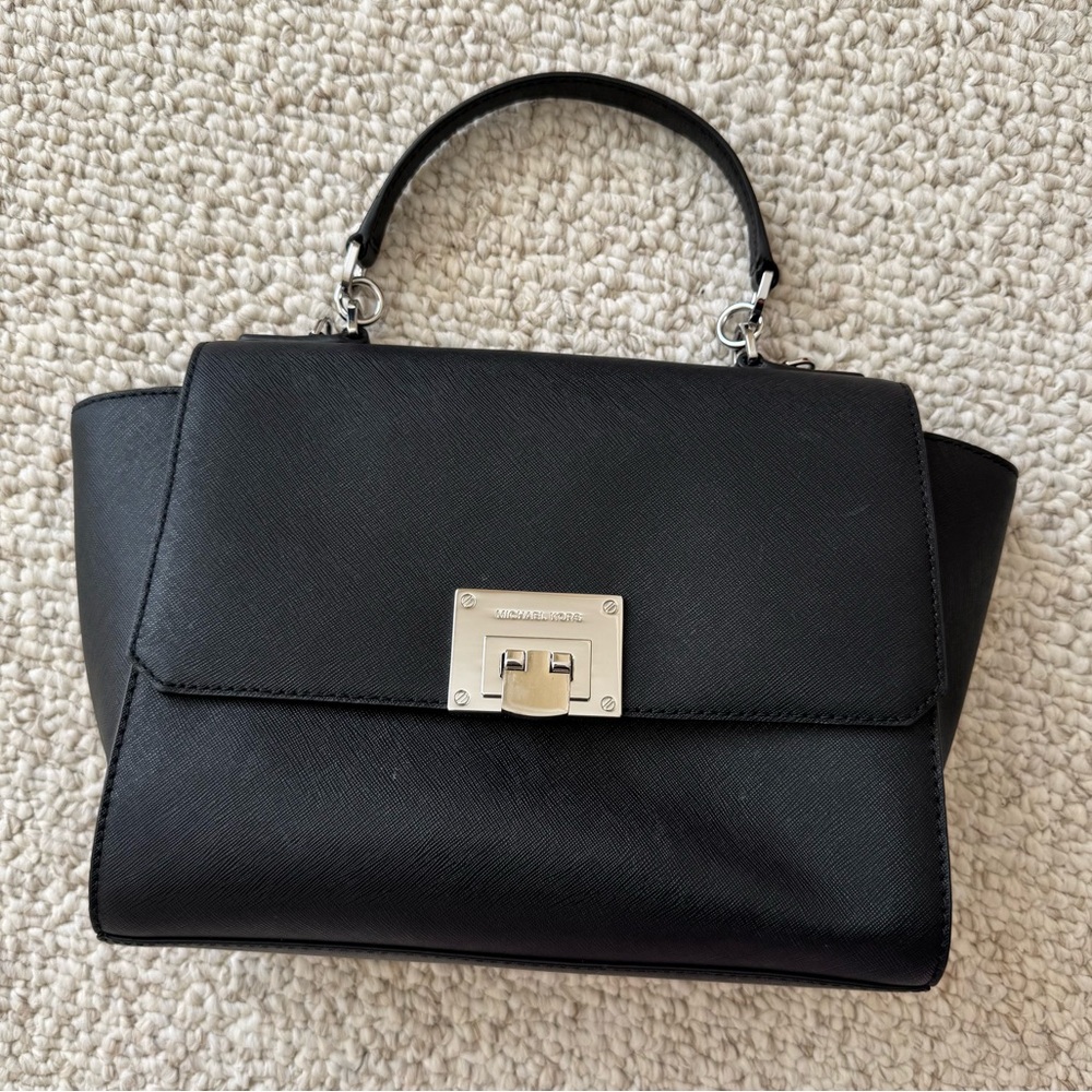 Michael Kors Saffiano Leather Black Top Handle Crossbody Strap Purse Bag